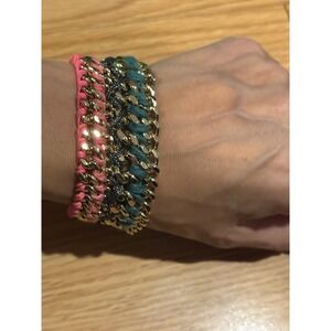 Colorful‎ Bracelet Teal, Pink Gold Tone  Metal Threaded W/ Colored Yarn 6" To 7"